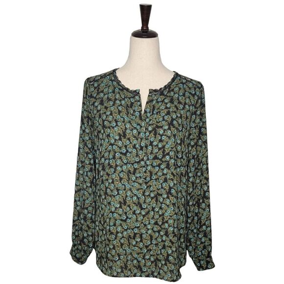 Talbots Black Peacock Feather Print Split Button Neck Long Sleeve Blouse Size M - Picture 1 of 9